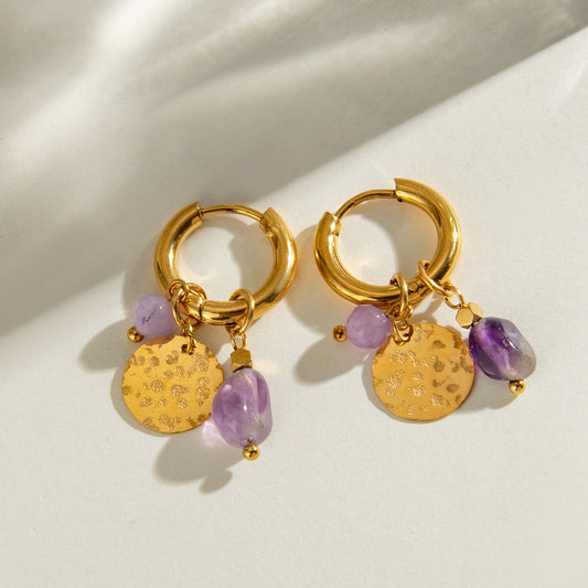 Amethyst Coin Charm Hoops